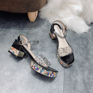 Sandal gót đá màu-quai nạm đá đen