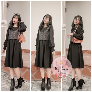 [Ảnh thật] Set đầm sơ mi đen tay dài kèm áo 2 dây gile caro vintage