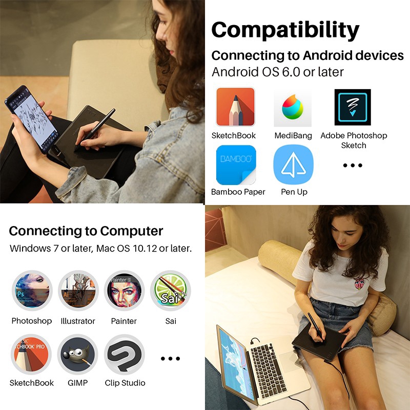 Bút Vẽ Nghệ Thuật Huion Hs64 6x4 Inch Kèm Bút Cảm Ứng Không Pin