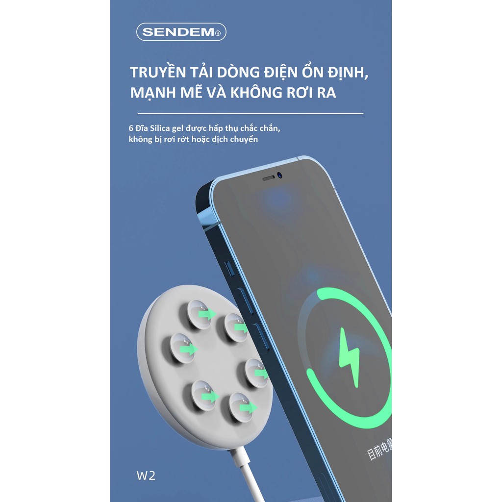 Đế sạc không dây SENDEM W2 hỗ trợ sạc nhanh QC3.0, Pd 15W thiết kế nam châm hút ổn định và chắc chắn