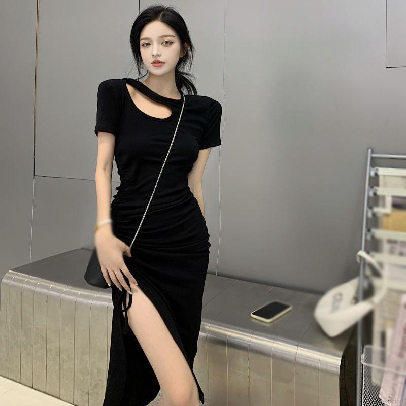 Đầm Nữ Dáng Ôm Xẻ Tà Phối Dây Rút Nhấn Eo Kiểu Pháp Thanh Lịch