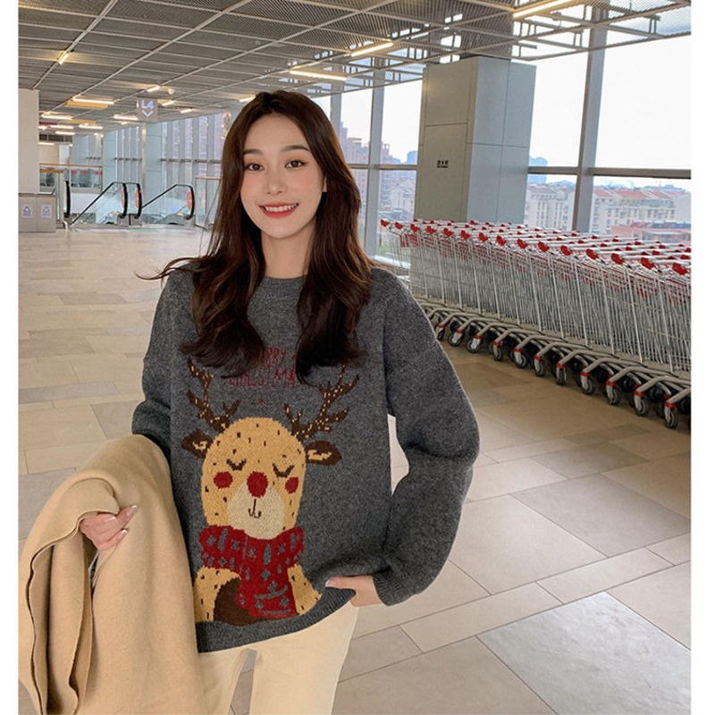 Áo sweater dệt kim dáng rộng in hình tuần lộc đỏ thời trang thu đông phong cách Hàn Quốc cho nữ