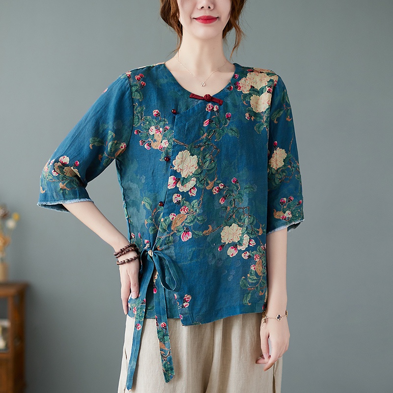☻ L O T U S ☻ Áo Kiểu Sườn Xám In Hoa Hiện Đại Plus Size CAL1543 - Bộ Sưu Tập Mới