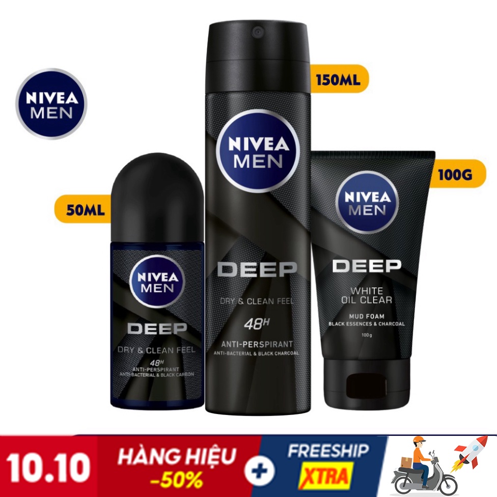 Bộ 3 NIVEA MEN Deep than đen hoạt tính (Xịt khử mùi 150ml + Lăn khử mùi 50ml + Sữa rửa mặt 100g) 80027+80031+84415