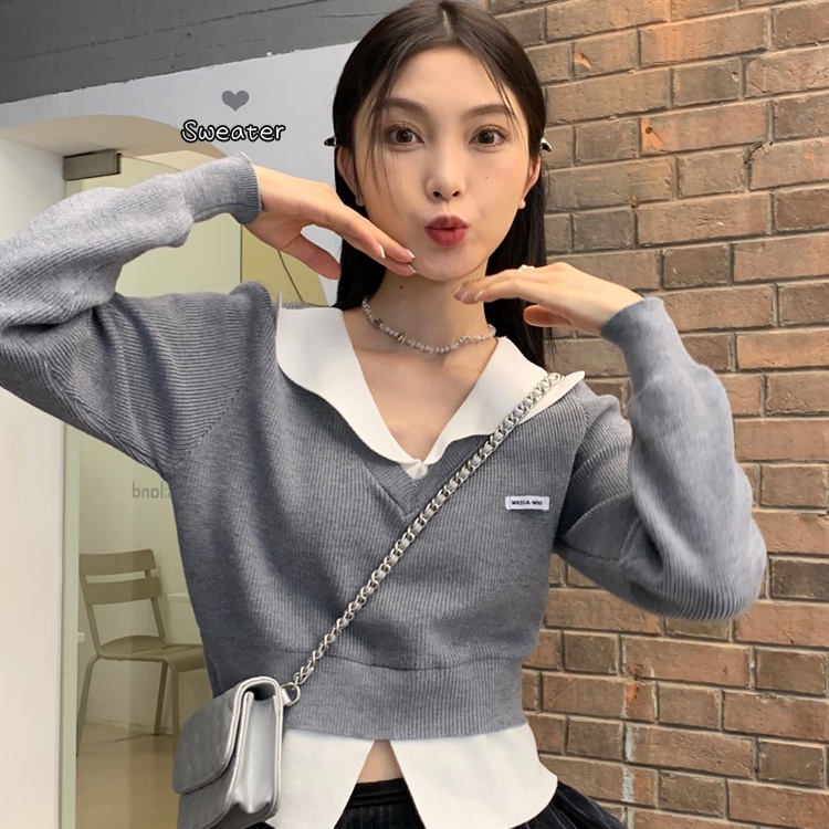 Đầm dệt kim ZHELIHANGFEI giả hai lớp tay dài cổ chữ V lưng cao thời trang trẻ trung