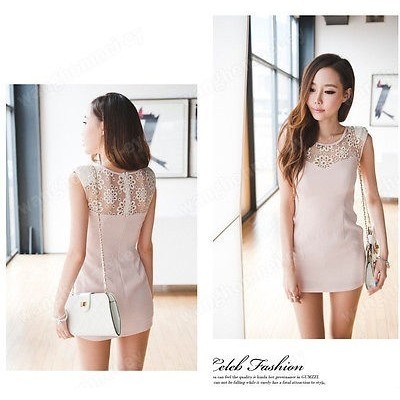 ☛☏❤Fashion Slim Woman Embroidered Openwork Lace Round Neck Bodycon Mini Dress Black | BigBuy360 - bigbuy360.vn