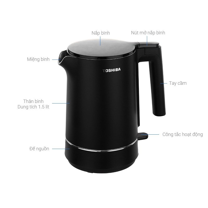 Bình Đun Siêu Tốc Toshiba KT-15DS1NV - 1.5L - Inox 304 - Hàng Chính Hãng, Bảo Hành 12 Tháng, Chất Lượng Nhật Bản