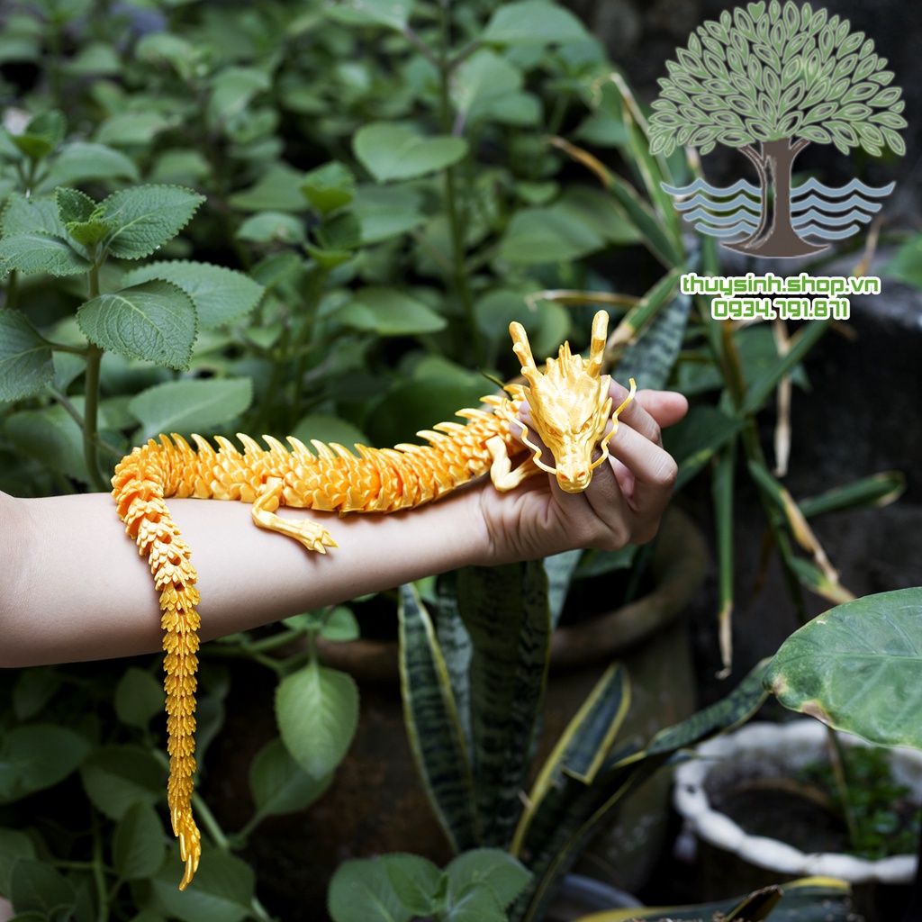 Mô Hình Rồng Màu Vàng Gold cử động khớp linh động in công nghệ 3D trang trí nhà cửa, bàn trà, hồ thủy sinh, tiểu cảnh