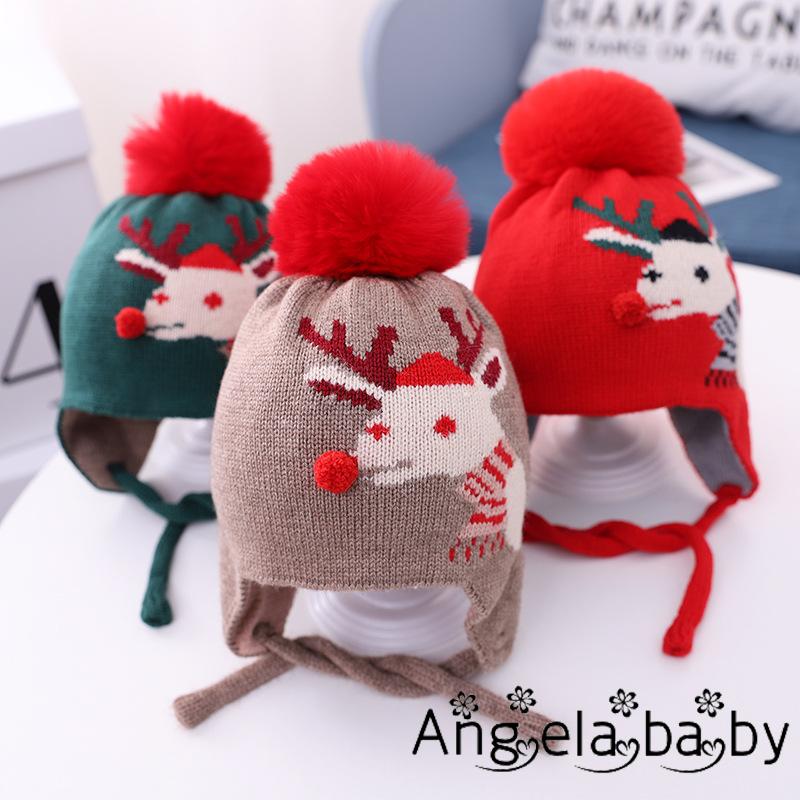 Mũ Beanie Đan Len Họa Tiết Tuần Lộc Hoạt Hình Phong Cách Giáng Sinh Cho Bé