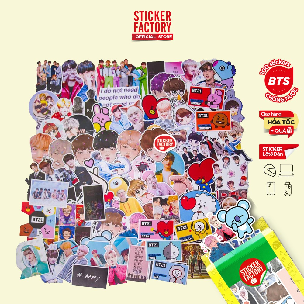 BTS nhóm nhạc Kpop Hàn Quốc - hộp set 100 sticker decal hình dán nón bảo hiểm , laptop, xe máy, ô tô - STICKER FACTORY