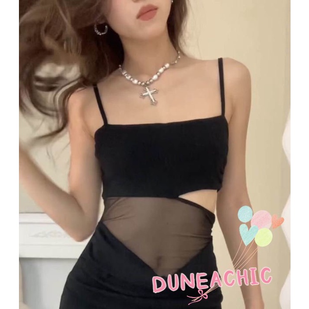 Đầm hai dây DUNEA ôm eo phối lưới thời trang quyến rũ cho nữ