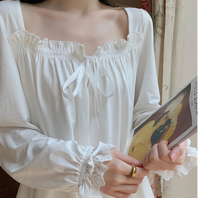 Bộ mặc nhà / Pyjama viền ren dài tay cao cấp 100% COTTON hàng Quảng Châu có size - Trắng tiểu thư