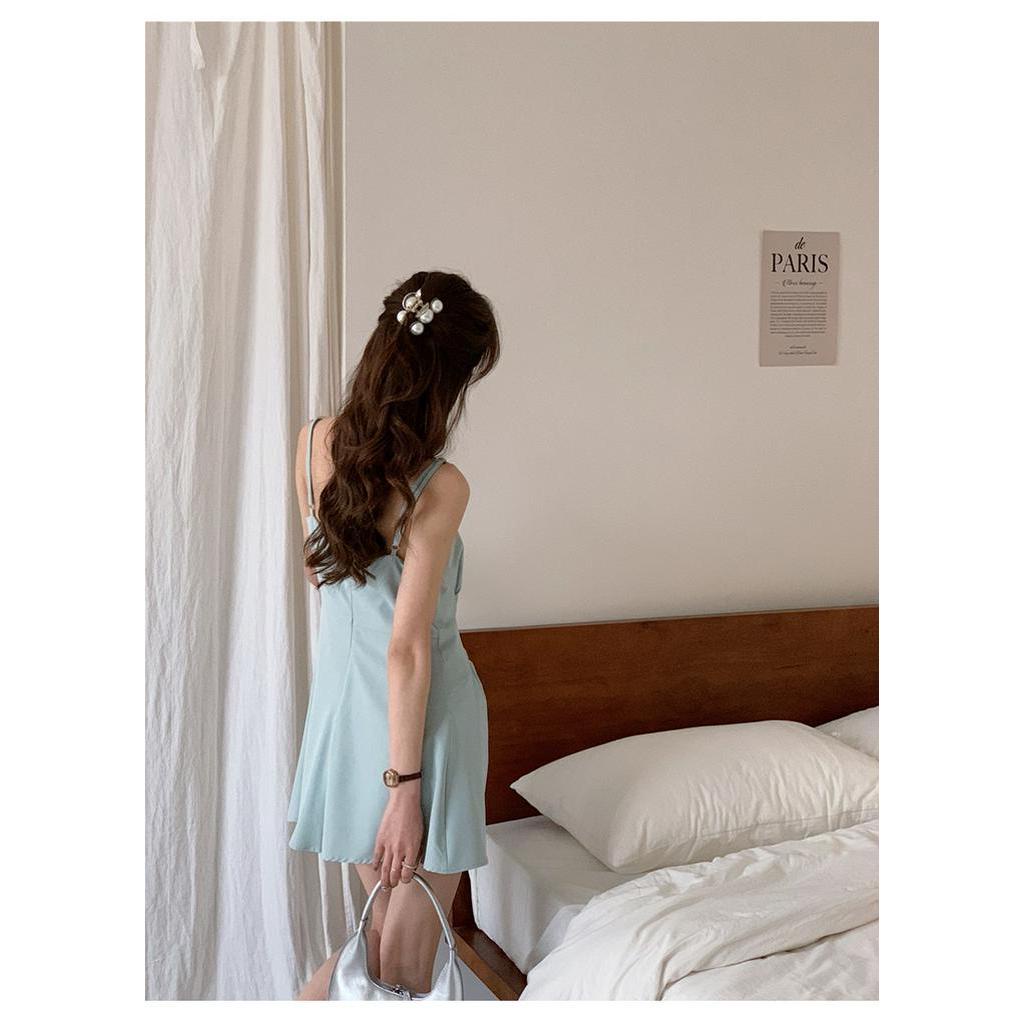 Đầm Hai Dây Màu Xanh Dương Mùa Hè Kiểu Pháp Mới 62384 62384