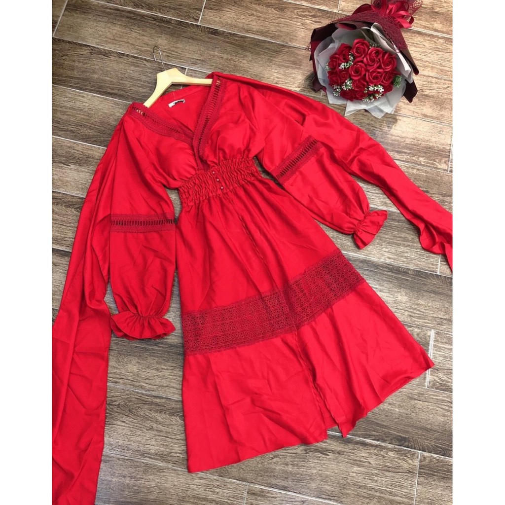 Đầm váy maxi đi biển dáng dài bo chum sẻ tà cổ V phối viền ren kèm khăn cá tính xinh đẹp XUKA DRESS MT057