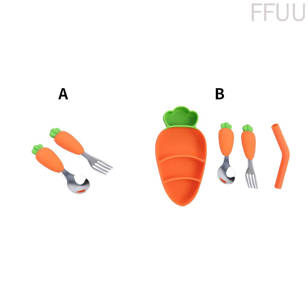 Khay ăn dặm silicon hình cà rốt có kèm thìa dĩa và ống hút cho bé tập ăn dặm