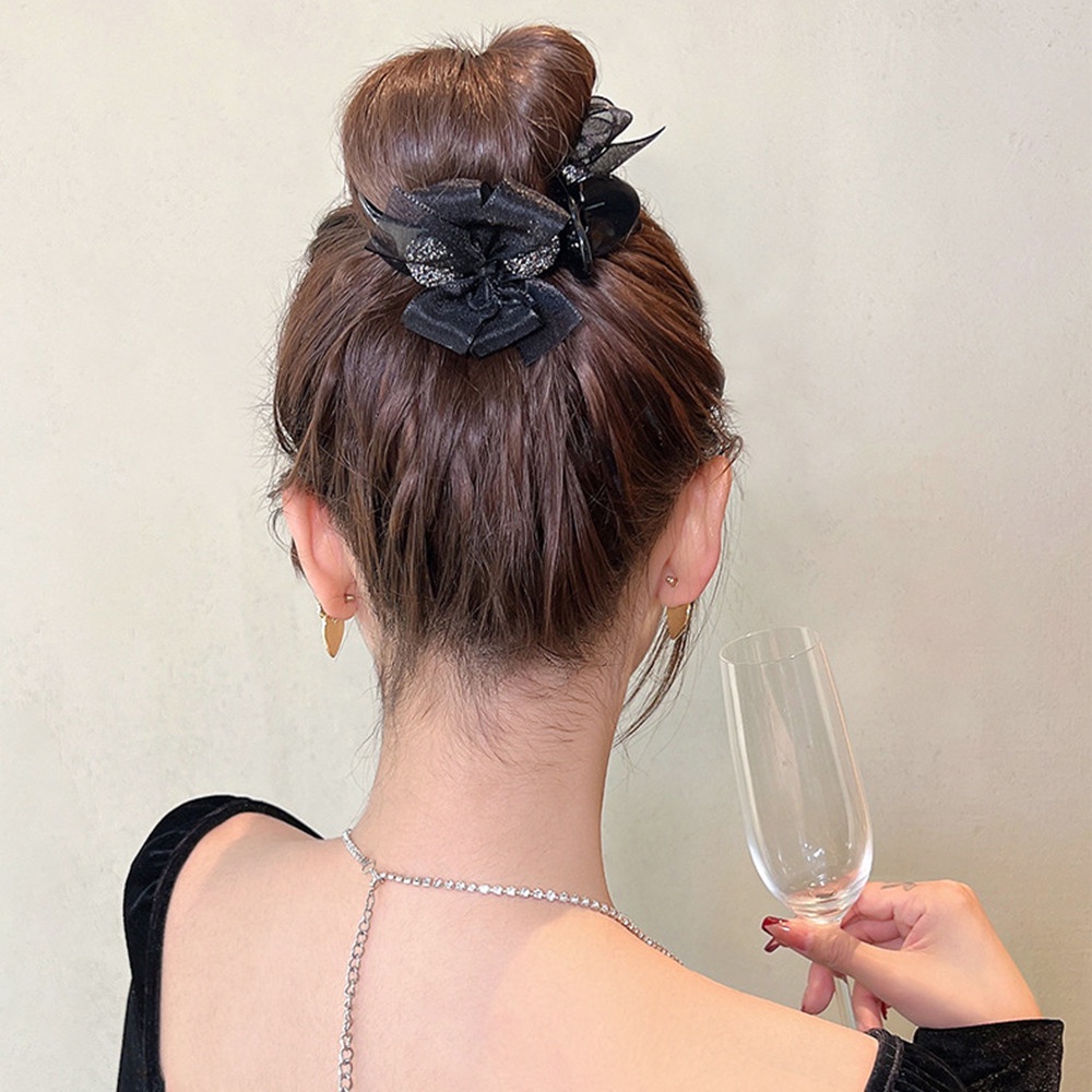Phụ Kiện Kẹp Tóc Đuôi Ngựa Bằng Acrylic Hình Nơ Đính Đá Phong Cách Hàn Quốc Tinh Tế kẹp 2 mặt