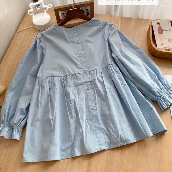 Áo sơ mi nữ trắng tay dài thêu hoa cổ ngực bản to babydoll, Áo sơ mi nữ cộc tay bồng thêu hoa ngực cổ khuy lưng