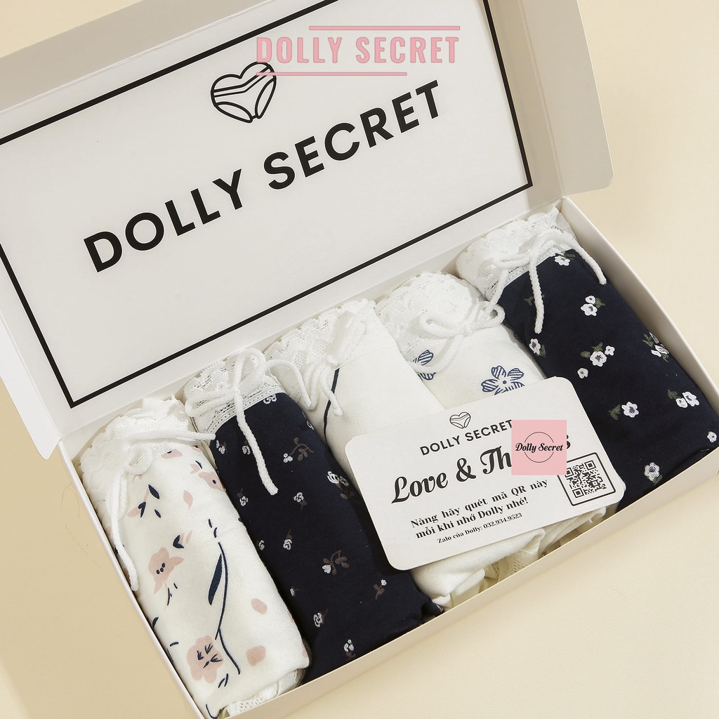 Quần Lót Cotton Nữ DOLLY SECRET Viền Ren Y Tế Học Sinh Cao Cấp Họa Tiết Màu Trắng Vải Kháng Khuẩn Mềm Mại QL050