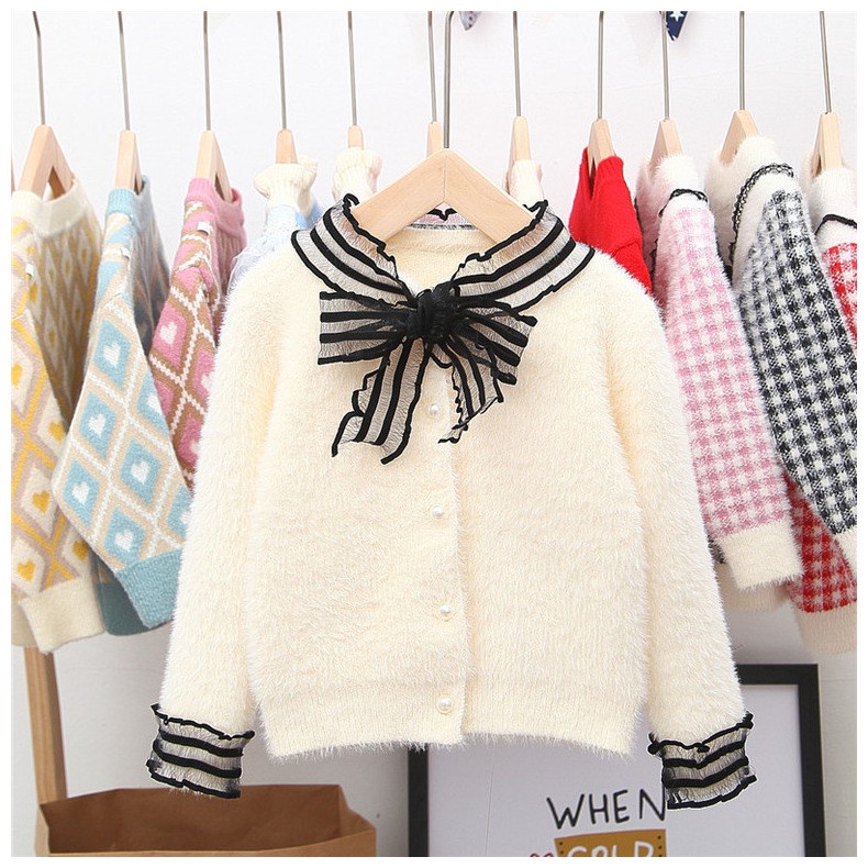 Áo khoác len cài cúc cổ nơ ren siêu xinh bé gái size 8-18kg (HÀNG QCCC) AL34