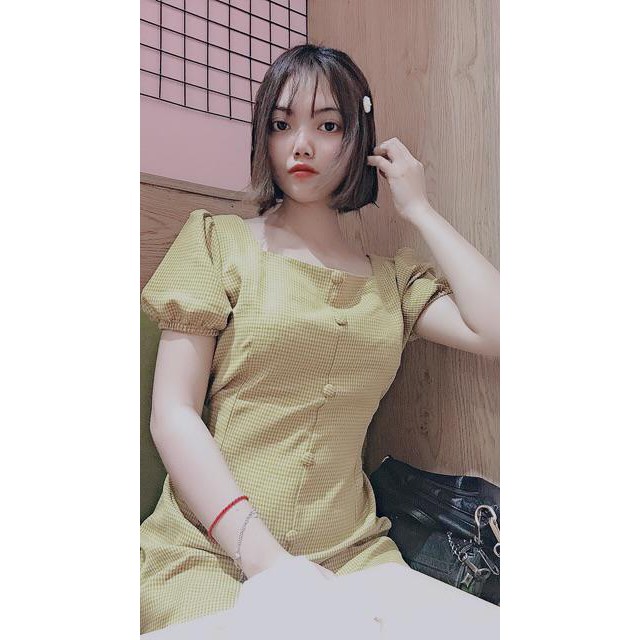 Đầm Nữ Caro Cổ Vuông Cột Nơ