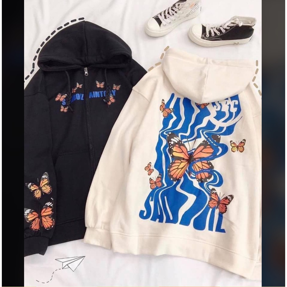 Áo hoodie bướm - thụng mũ 2 lớp tay bồng - Tặng giấy thơm - A3