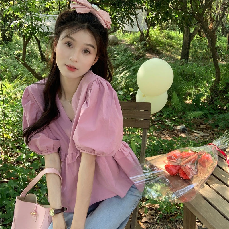 SUXI Áo Sơ Mi Tay Phồng Ngắn Cổ Chữ V Màu Sắc Ngọt Ngào Thời Trang Mùa Hè Cho Nữ