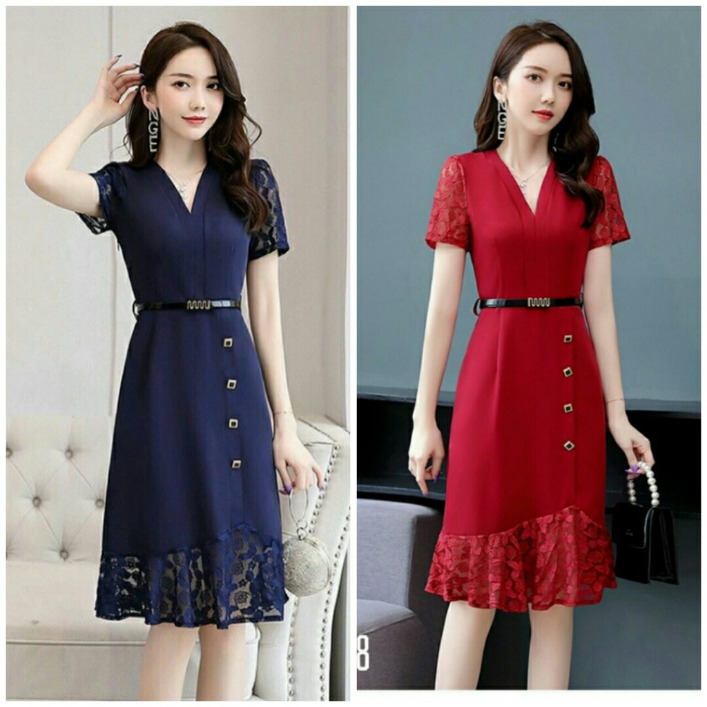 Đầm ôm đuôi cá cổ V phối ren kèm thắt lưng