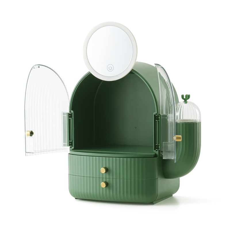 Hộp Đựng Mỹ Phẩm Dung Tích Lớn Để Bàn Có Gương LED Phong Cách Xương Rồng Sang Trọng