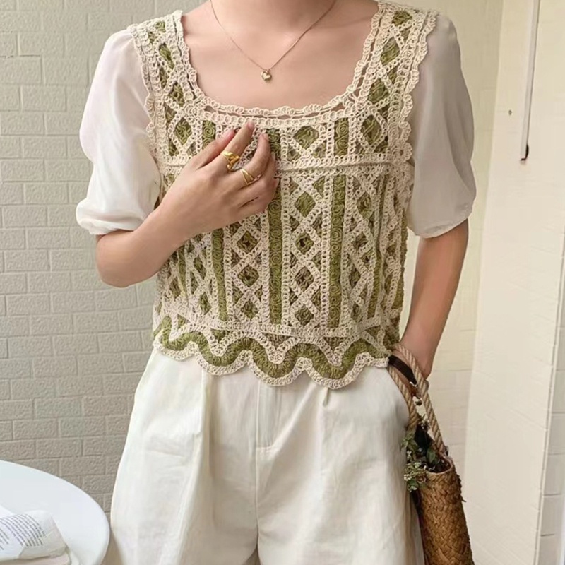 Brroa Áo Croptop Dệt Kim Chiffon Tay Lửng Cổ Vuông Phối Màu Tương Phản Kiểu Pháp Cho Nữ