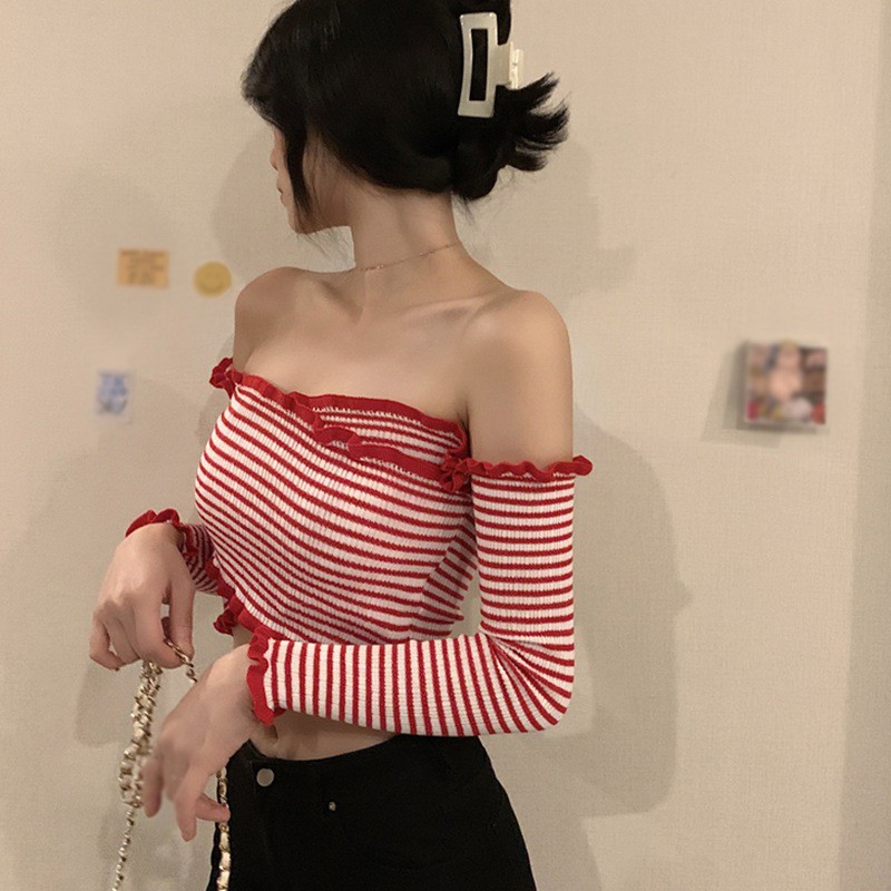 Áo Croptop Dệt Kim Tay Dài Thiết Kế Trễ Vai Quyến Rũ | BigBuy360 - bigbuy360.vn