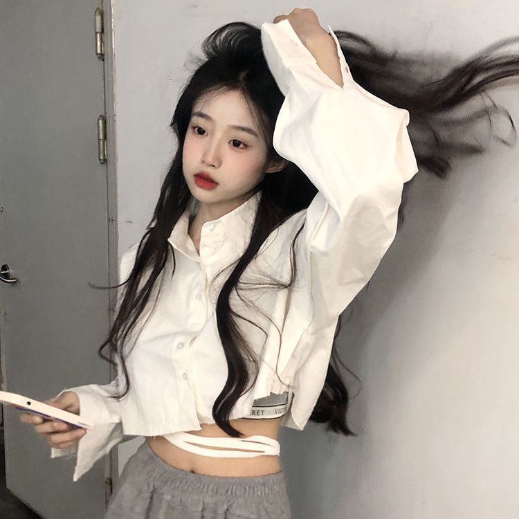 Áo sơ mi croptop tay dài che nắng phong cách ngọt ngào thời trang mùa hè 2022 mới dành cho nữ