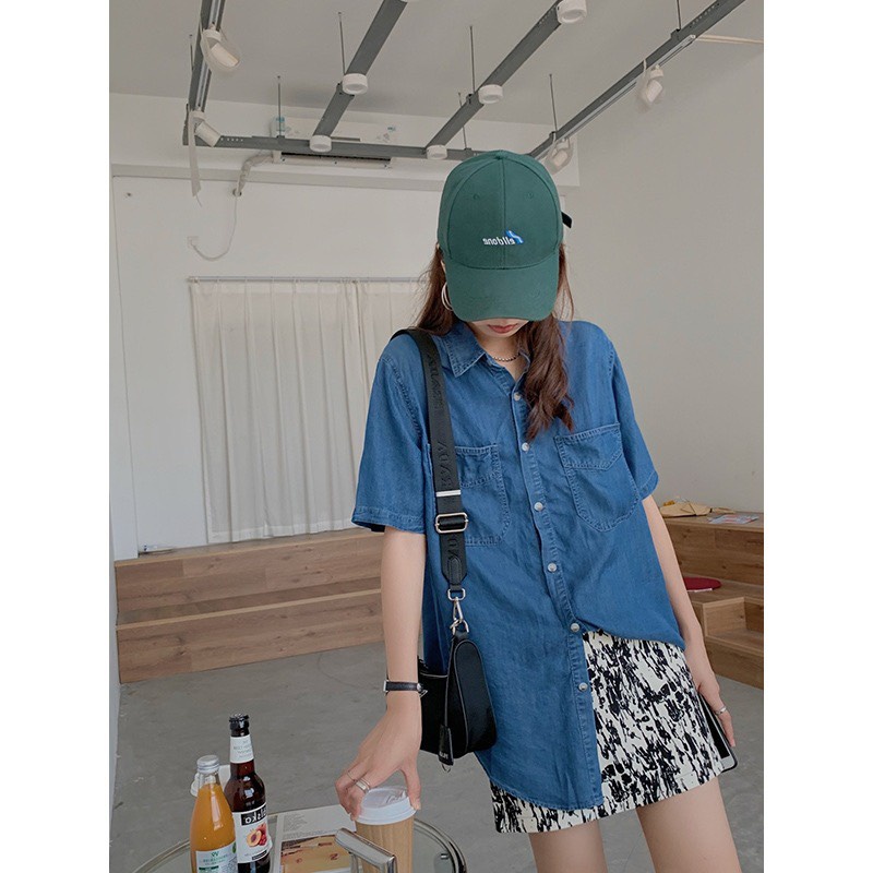 Áo sơ mi unisex tay lỡ vải bò form rộng, Áo sơ mi nữ bò Hàn Quốc- 360 Boutique