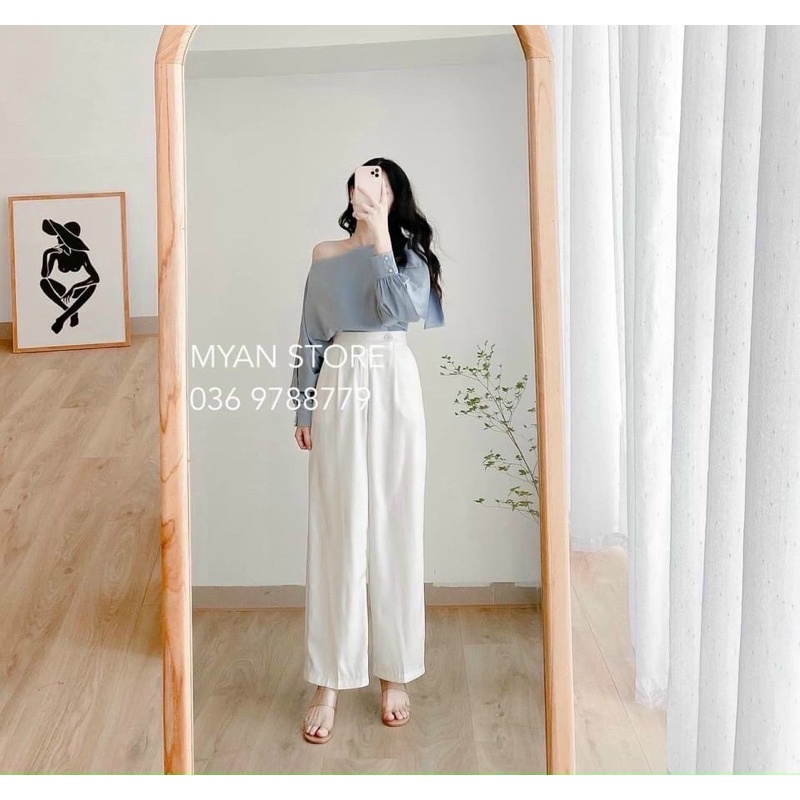 [CÓ SẴN] SET ÁO TRỄ VAI XANH + QUẦN ỐNG RỘNG SANG CHẢNG MÙA HÈ