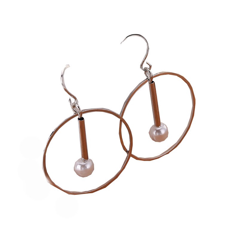 Bông tai kim loại kiểu khoá móc phối mặt hình tròn đính ngọc trai giả thời trang