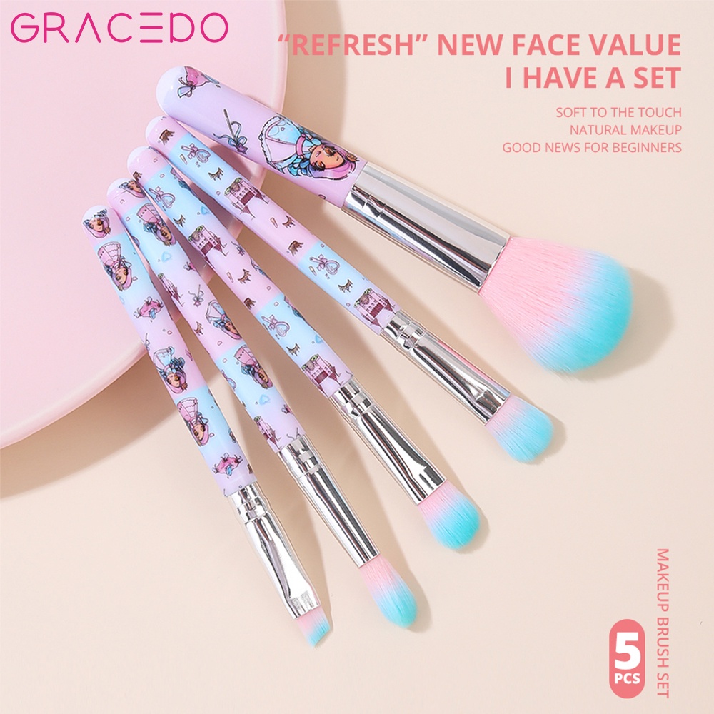 GRACEDO 5 Cái Bộ Cọ Trang Điểm Hoạt Hình Mini Màu Hồng Và Xanh
