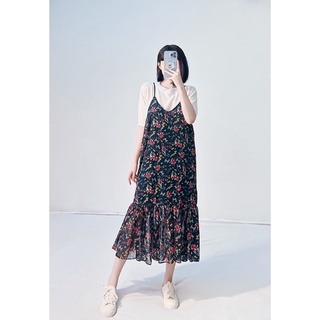 Đầm 2 dây suông voan đuôi cá hoa đỏ