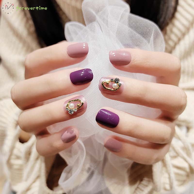 #New# Violet Constellation Short Purple Pink Jump Lovely Girl with Faux Diamond Decorative Fake Nail Patch Wearable Nail Patch