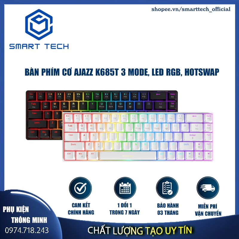 Bàn phím cơ không dây AJAZZ K685T kết nối bluetooth & 2.4Ghz | Hotswap | 68 phím | 3 thiết bị |  Bảo hành 2 năm.