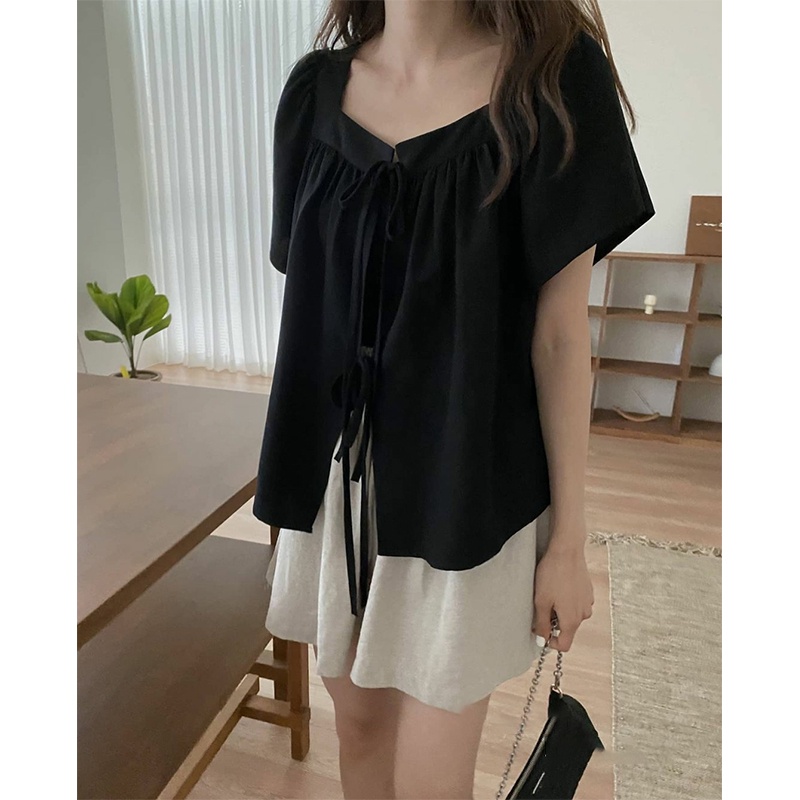 Hàng Mới Về Áo Nữ Cổ Vuông Tay Ngắn Dáng Rộng Phong Cách Hàn Quốc Baju Wanita Lengan Panjang Hàng Mới Có Sẵn