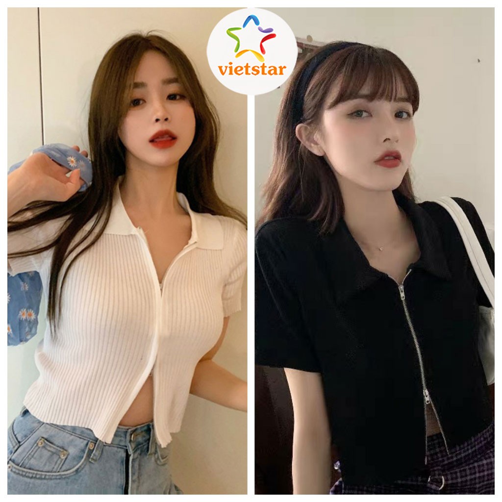 Áo polo nữ croptop ôm body khóa Ulzzang 2 màu trắng đen chất thun gân - VIETSTAR