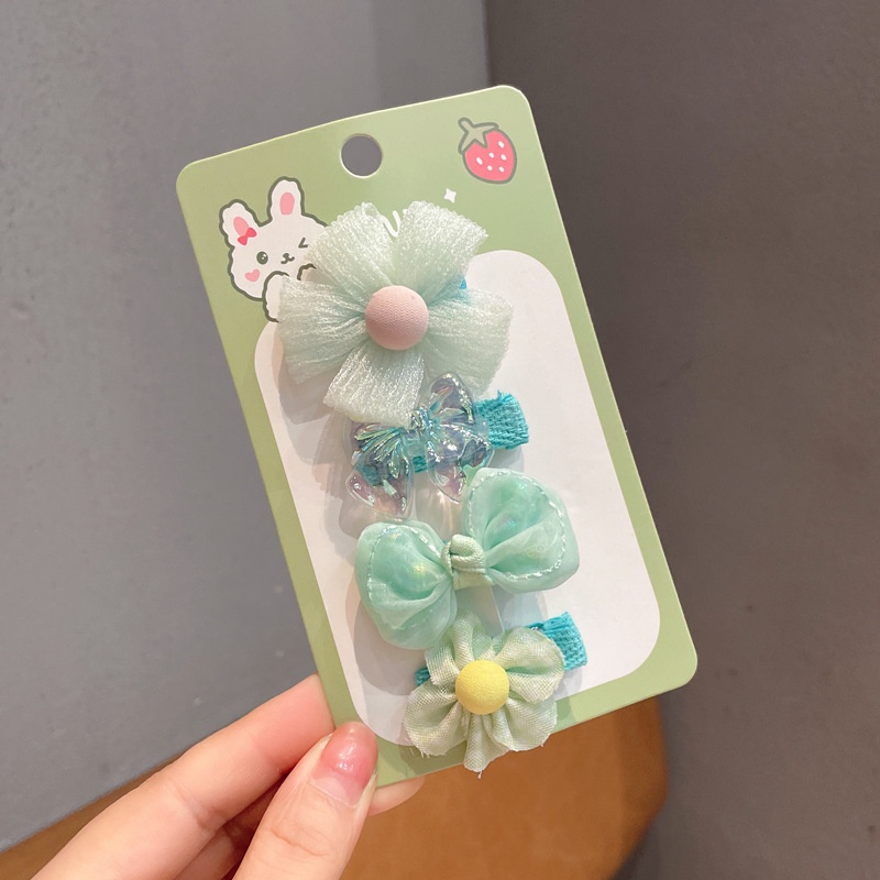 Bộ 4 Kẹp Tóc Hình Nơ Họa Tiết Hoa / Bướm Hoạt Hình Phong Cách Hàn Quốc Dễ Thương Tinh Tế Thời Trang Cho Bé Gái