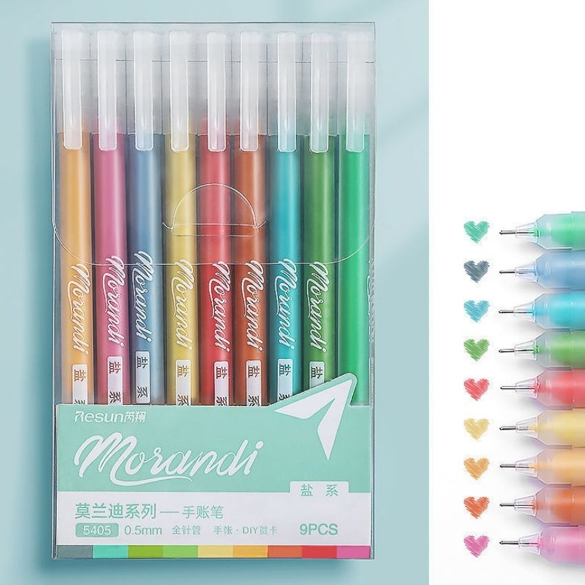 Bút gel Morandi Resun 0.5mm DecorMe Set 9 bút nhiều màu viết sổ tay trang trí thiệp bullet journal