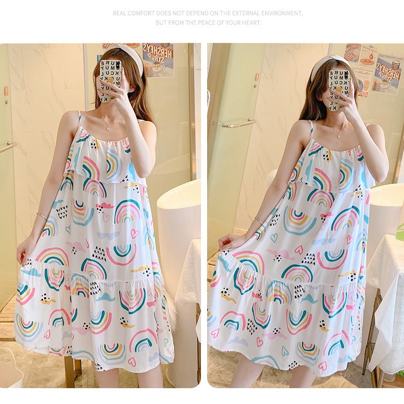 Đồ ngủ Hai Dây Dáng Dài Vải Lụa cotton Mỏng In Hoa Nhỏ Kiểu Nhật Bản Thời Trang Xuân Hè Cho Bạn Gái