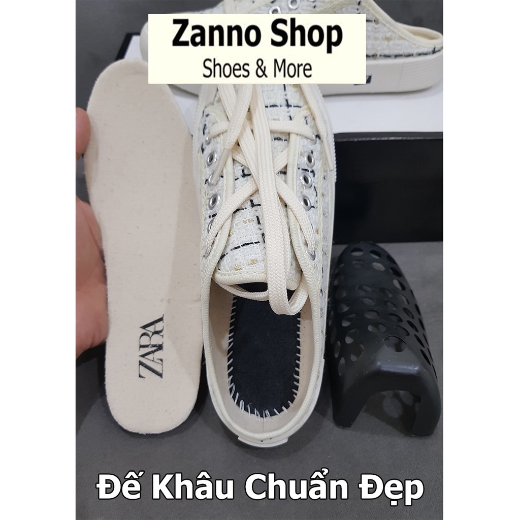 Giày Sục Đạp Gót Thể Thao Nữ Z Vải Dạ Siêu Đẹp Màu Kem Kẻ Đen Và Kim Tuyến Vàng Óng Ánh