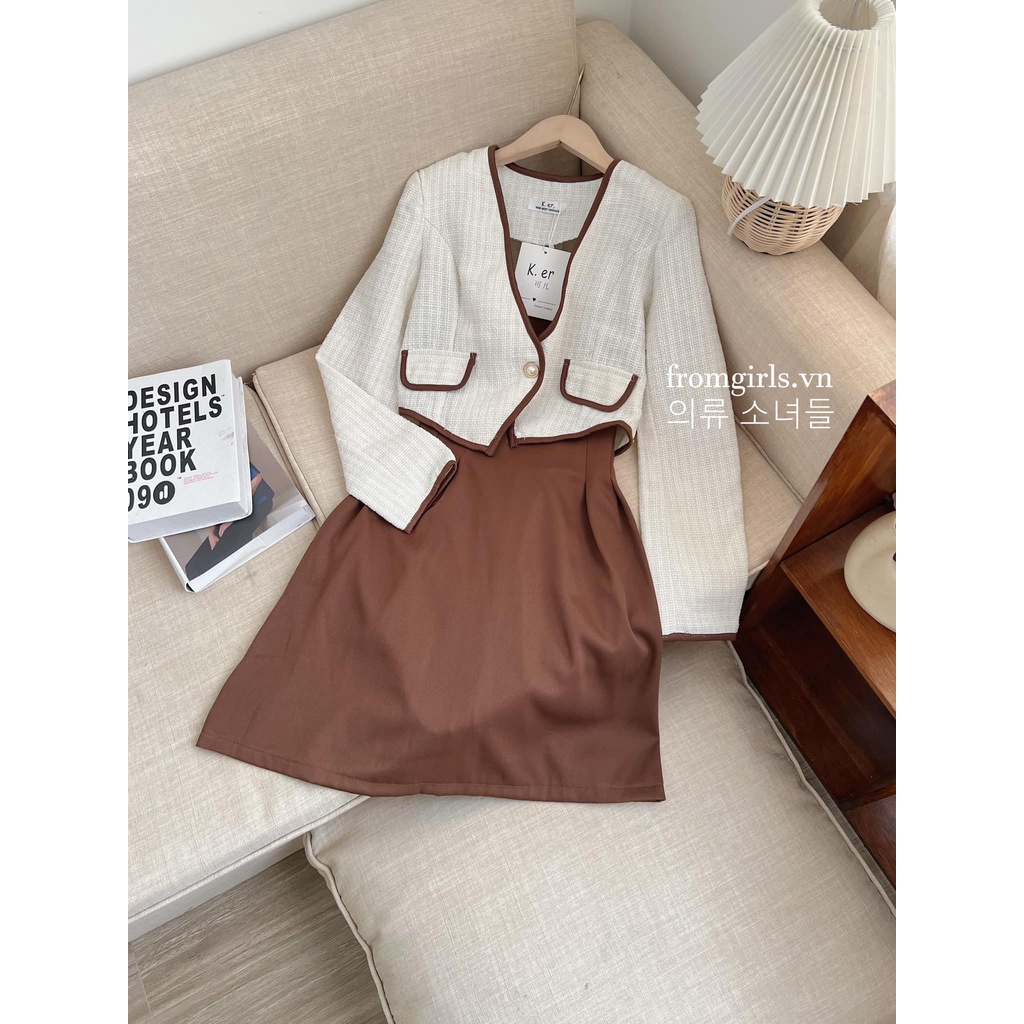 Set váy hai dây dáng xòe màu nâu dang trọng dây có nút điều chỉnh và áo khoác dạ dài tay màu be - SET32