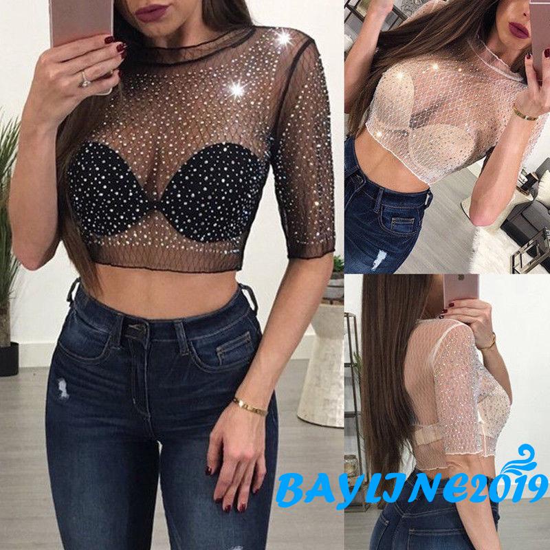 Áo Croptop Lưới Tay Lửng Xuyên Thấu Đính Kim Sa Lấp Lánh Dành Cho Nữ