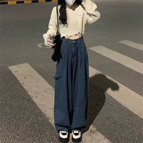 Quần Yếm Jean Ống Rộng Lưng Cao Phong Cách Hong Kong Cổ Điển Dành Cho Nữ