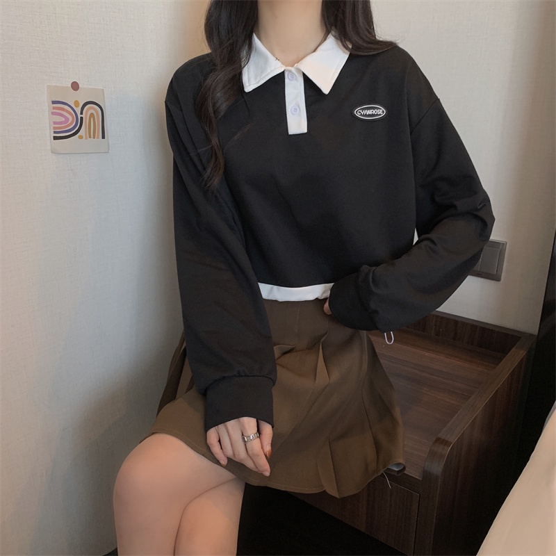 【ZHELIHANGFEI】Áo Thun Dài Tay Cổ Bẻ Phối Dây Rút Eo Cao Thời Trang