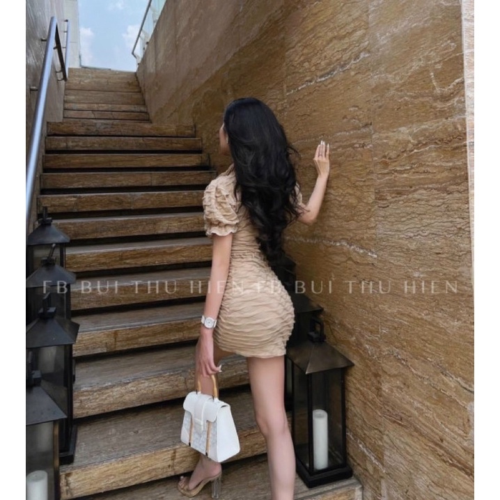 ĐẦM XỐP BODY TAY BÈO NÚT TRẮNG