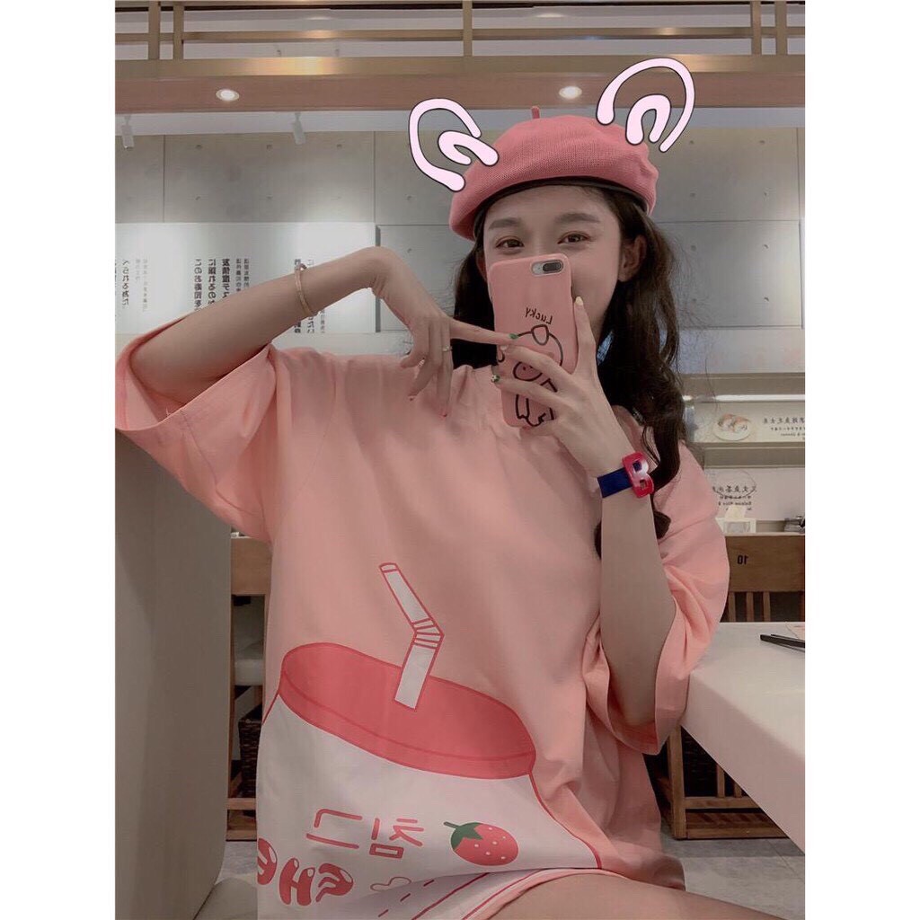 Áo thun in tay lỡ form rộng dáng IN LY SỮA HÀN Unisex - Ulzzang mặc cặp
